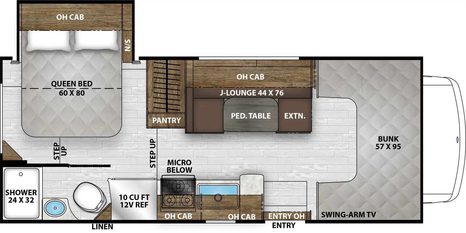 The Leprechaun 210RSS - Ford E-350 floorplan has one entry and one slide out. Exterior features include: 15' awning. Interiors features include: bunk over cab.